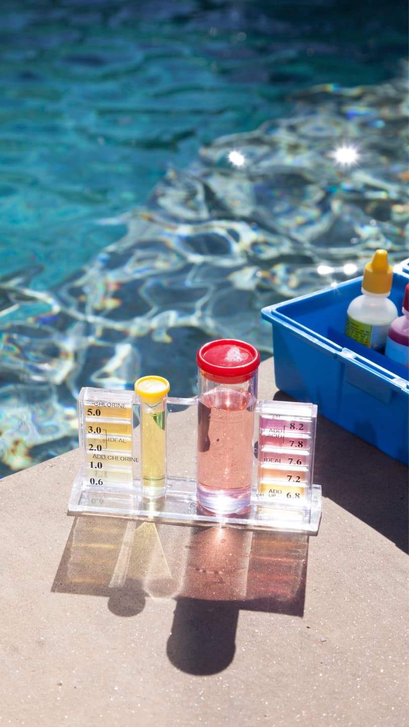 Pool water test samples used to check chemistry readings